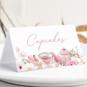 Etiquetas de comida para chá da tarde, barracas de comida para aniversário de chá da tarde, cartão de lugar floral rosa para meninas, download instantâneo