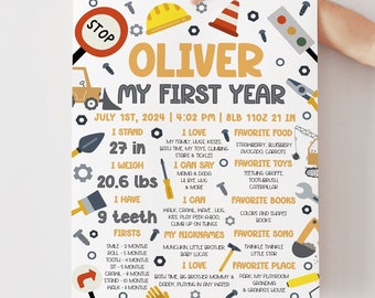 Construction 1st Birthday Milestone Board Sign Template (Instant Download)