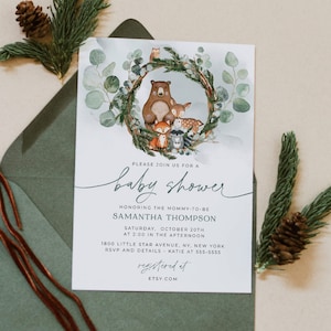 Bearbeitbare Wald Baby Shower Einladung, Waldtiere Baby Shower Invite, Instant Download