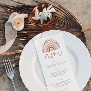 Modello di menu Boho Rainbow, Dusty Pink Boho Rainbow Menu, Menu dai toni tenui in terracotta / DOWNLOAD IMMEDIATO BR01