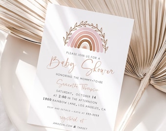 Boho Rainbow Baby Shower Invite, Dusty Pink Boho Rainbow Invitation, Terracotta Baby Shower Invitation, Instant Download BR01