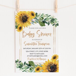 May include: A sunflower-themed baby shower invitation with gold accents. The invitation features the text "Please join us for a Baby Shower in honor of Samantha Thompson" and includes details about the date, time, location, RSVP information, and registry details.