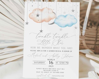 Gender Reveal Invitation with silver stars, Twinkle Twinkle Little Star Gender Reveal Party Invite, Silver Moon Stars Theme, Blue Pink Cloud