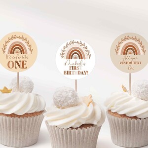 Bohemian Rainbow Cupcake Toppers, Muted Earthy Tones Bohemian Rainbow Editable Cupcake Toppers , Terracotta Birthday | Instant Download BR03