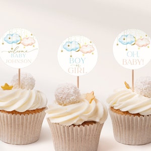 Gender Reveal Cupcake Toppers, Boy or Girl Cupcake Decoration, Twinkle Twinkle Little Star Cupcake Toppers,  Moon Stars | INSTANT DOWNLOAD