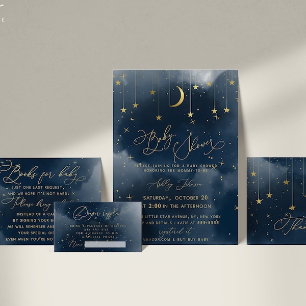 Moon Stars   Invitation Suite , Gold Moon and Stars Invitation Set, Little Star Baby Shower Invitation, INSTANT DOWNLOAD