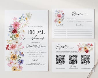 Wildflower Invitation Bundle, Floral Bridal Shower Invite, Wildflower Bridal Shower Invite, Recipe Card, Registry Card, Wildflower Invite
