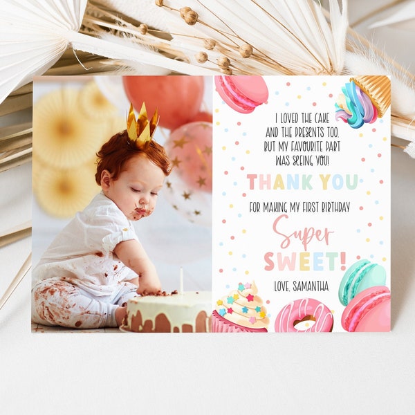 Sweet One Photo Thank You Card, Pastel Sweets Birthday Thank You Card,, Candy Photo Card, Dessert Themed Card| INSTANT DOWNLOAD