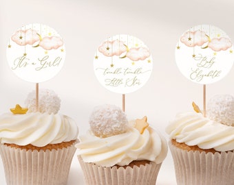 Gyufise 24 Stück Cupcake Topper Glitzer Sterne & Mond – Gold, Für Baby Shower Mädchen & Geburtstag | Dekoration Für Kuchen & Desserts
