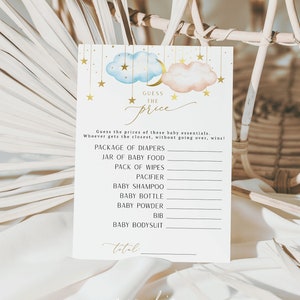 May include: A white card with gold stars and clouds printed on it. The card has a title that says "Guess the price". The card has a list of baby items with blank spaces to write in the price. The card says "Guess the prices of these baby essentials. Whoever gets the closest without going over, wins!"