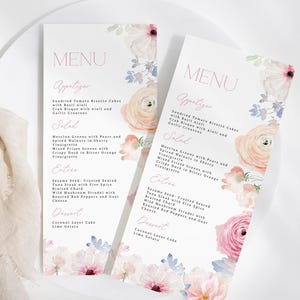 Romantisches Blumen-Braut-Brunch-Menü, rosa Blumen Brautdusche bearbeitbare Menüvorlage, romantisches Hochzeitsmenü, Sofort-Download