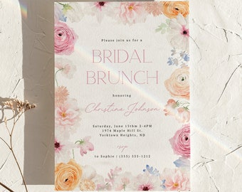 May include: A floral bridal brunch invitation with a watercolor design featuring pink, peach, and yellow flowers. The invitation includes the text "Please join us for a Bridal Brunch honoring Christina Johnson" and details for the event, including the date, time, address, and RSVP information.