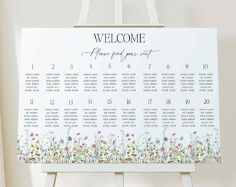 Modern floral seating chart sign, Garden party seating chart , Modern wedding seating chart , Editable Teamplate