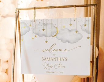 Gender Neutral Baby Shower Willkommensschild, Twinkle Twinkle Little Star Baby Shower Willkommensschild, Gold Mond Stars Zeichen | SOFORTIGER DOWNLOAD