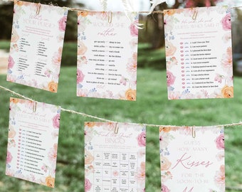 Puede incluir: Un conjunto de seis tarjetas de juego de despedida de soltera imprimibles con diseños florales. Los juegos incluyen "What's in Your Purse?", "Would She Rather", "He Said She Said Guess Who Said It", "Find the Guest Bingo" y "Guess How Many Kisses for the Soon-to-Be Mrs."