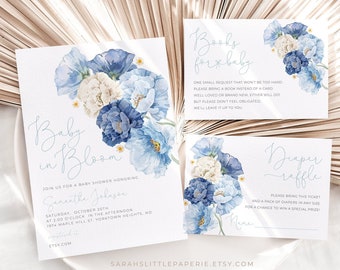 Baby in Bloom Invitation Bundle, Blue Flowers Baby Shower Invite Set, Floral Baby Printable Template Package, Books for Baby, Diaper Raffle