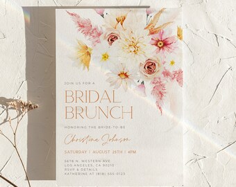 May include: A watercolor floral illustration with pink, white, and yellow flowers. The text reads "Join us for a Bridal Brunch honoring the bride-to-be Christina Johnson Saturday | August 25th | 4PM 5678 N. Western Ave Los Angeles, CA 90210 RSVP & Details Katherine at (818) 555-0123"