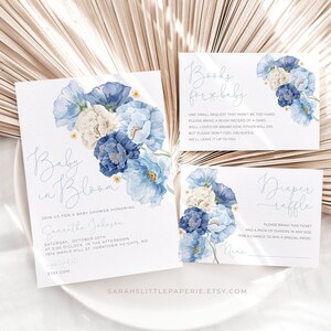 Baby in Bloom Invitation Bundle, Blue Flowers Baby Shower Invite Set, Floral Baby Printable Template Package, Books for Baby, Diaper Raffle