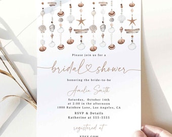 Seashells Bridal Shower Invitation, Boho Beach Bridal Shower Invitation, Modern Bohemian Invitation, Editable Printable Template