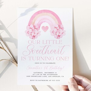 Valentine&#39;s Birthday Invitation, Sweetheart Invitation, Blossoms First Birthday Invite, Valentines Rainbow | EDITABLE | INSTANT DOWNLOAD