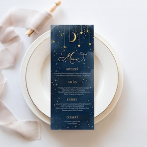 Moon Stars Menu, Marineblauw en Goud Menu, Celestial Wedding Menu, Baby Shower Menu | DIRECTE DOWNLOAD