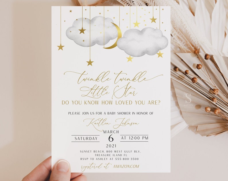 Twinkle Twinkle Little Star Baby Shower Invitation Gold Stars I Gray Clouds Invitation INSTANT DOWNLOAD GGTTLS