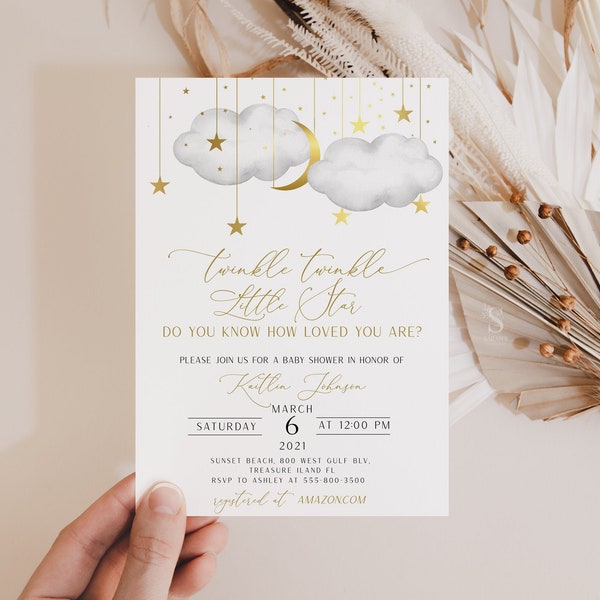 Twinkle Twinkle Little Star Baby Shower Invitation , Gold Stars I& Gray Clouds Invitation, INSTANT DOWNLOAD | GGTTLS