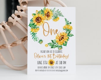 Sunflower Birthday Invitation, Greenery Gold Wreath Invitation, Eucalyptus Invite, Editable, Simple