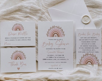 Boho Regenbogen Baby Shower Einladung Set, Dusty Rose Boho Regenbogen Invite Set, Terrakotta Babyparty Einladung Set BR01