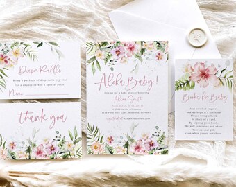Conjunto de invitación de ducha de bebé tropical, paquete de invitación de ducha de bebé de flores tropicales, invitación de fiesta de playa imprimible, conjunto de ducha de bebé Aloha