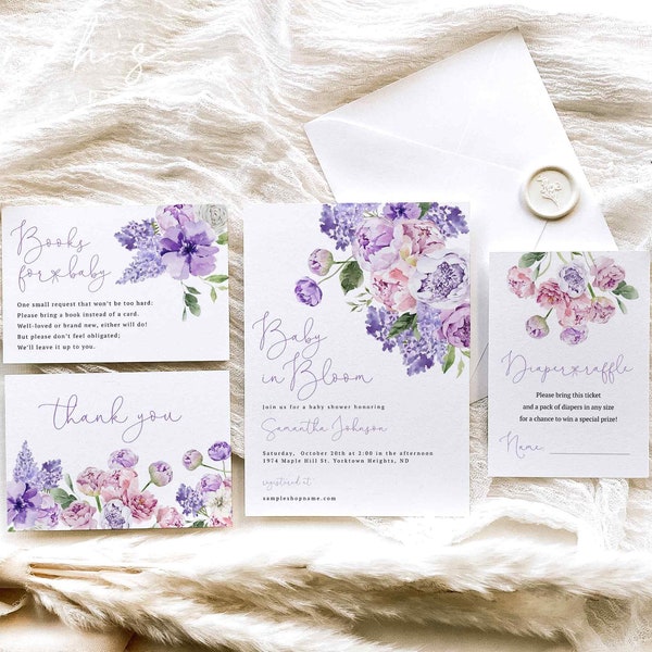 Baby in Bloom invitation set, Purple flowers baby shower invitation bundle, Garden party invitation set, Purple and pink flowers invite set