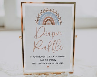 Signo de rifa de pañales, Boho Rainbow Baby Shower Signo de rifa de pañales, 5x7", Signo de mesa de ducha de bebé de terracota, Descarga instantánea BR02