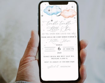 May include: A baby shower invitation with a blue and pink cloud design. The invitation reads "Twinkle Twinkle Little Star" and includes the date, time, and location of the event. RSVP information is also included.
