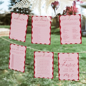Bridal Shower Games Bundle, Fully Editable, 12 Retro Pink Red Wavy Bridal Shower Games Pack, Wave Bridal Shower Games