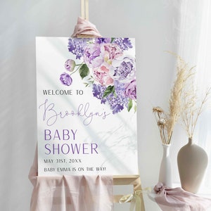 Baby in Bloom Welcome Sign, Purple flowers baby shower welcome sign, Garden party lilac welcome sign, Purple and pink sign