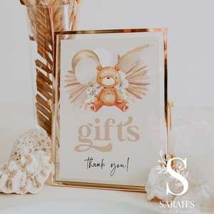 Signo de regalos, signo de oso de peluche, signo de ducha de bebé de oso de peluche, signo de Boho Pampas. Señal de bricolaje, DESCARGA INSTANTÁNEA, 8 X 10" / TBBS