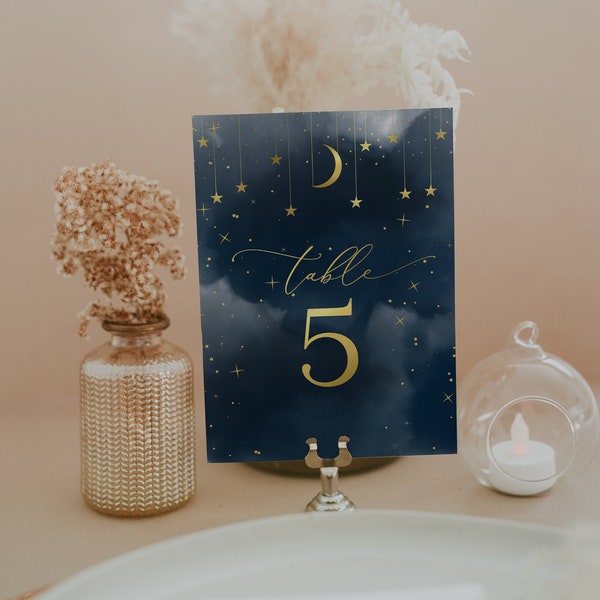 Moon Stars  Table Numbers, Navy Blue and Gold s Table Numbers | INSTANT DOWNLOAD