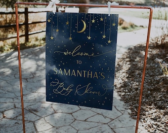 Moon Stars  Baby Shower Welcome Sign, Navy and Gold Baby Shower Sign, Navy Blue and Gold Sign, Editable Welcome Sign, Instant Download