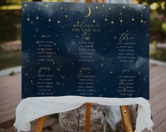 Tabela de assentos das estrelas da lua, sinal azul marinho e dourado, tabela de assentos editável | DOWNLOAD INSTANTÂNEO