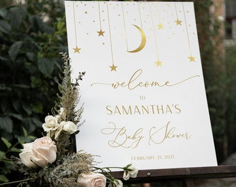 Twinkle Twinkle Little Star Baby Shower Sign, Baby Shower Welcome Sign, Editable. Gold Baby Shower Sign,  Moon Stars  Sign  | GTTLS