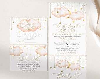 May include: A set of baby shower invitations with a pink and gold color scheme. The invitations feature a watercolor illustration of clouds with stars and a crescent moon. The text on the invitations reads "Twinkle Twinkle Little Star" and "Do you know how loved you are?" The invitations also include the date, time, and location of the baby shower.