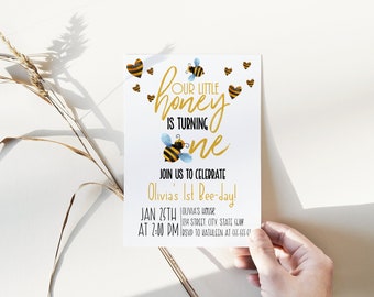 Bumble Bee First Birthday Invitation, Honey Bee Invitation, Editable Birthday Invite, Printable, Instant Download
