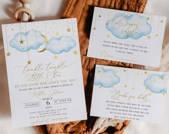 May include: Twinkle Twinkle Little Star baby shower invitation with gold stars and blue clouds. The invitation includes the date, time, and location of the event. It also includes a request for guests to bring a diaper raffle ticket and a pack of diapers.