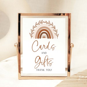 Tarjetas de arco iris boho y letrero de regalos, letrero de decoración de ducha de bebé de terracota, letrero de regalos de ducha de bebé de tonos apagados / DESCARGA INSTANTE BR03