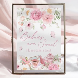 Tea Party Baby Shower Sign, Floral Sweets and Treats Sign, Girl Pink Floral Sign, Teacup Sign, Instant Download