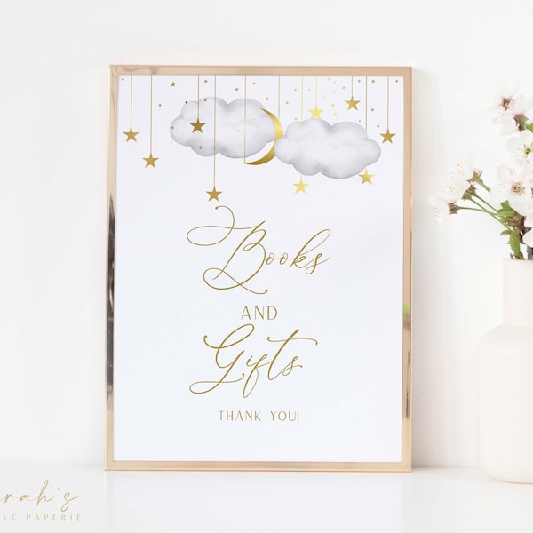 Books and Gifts  Sign, Twinkle Twinkle Little Star Baby Shower Sign, Gray and Gold  Moon Stars  Sign, INSTANT DOWNLOAD | 8 x 10" |