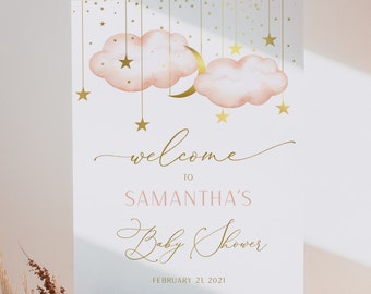 Baby Shower Welcome Sign, Twinkle Twinkle Little Star Baby Shower Sign, Gold and Blush Sign, Editable Welcome Sign, Instant Download, PTTLS
