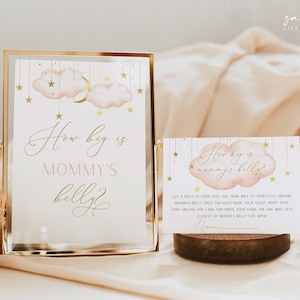 Hoe groot is mama's buikbord + kaarten, maansterren babyshowerspel, blozen roze en gouden babyshowertafelbord | PTTLSBR01