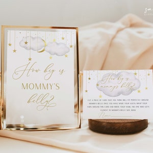 Qual o tamanho da placa + cartas da barriga da mamãe, jogo de chá de bebê com estrelas da lua, placa de jogo de chá de bebê cinza e dourado | PTTLS