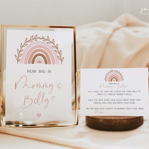 Boho Rainbow hoe groot is mama's buik, teken + kaarten, terracotta baby shower spel teken, gedempte tonen baby shower spel BR01